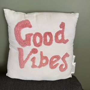 Good Vibes Pom-Pom Accent Pillow - White with Pink Text